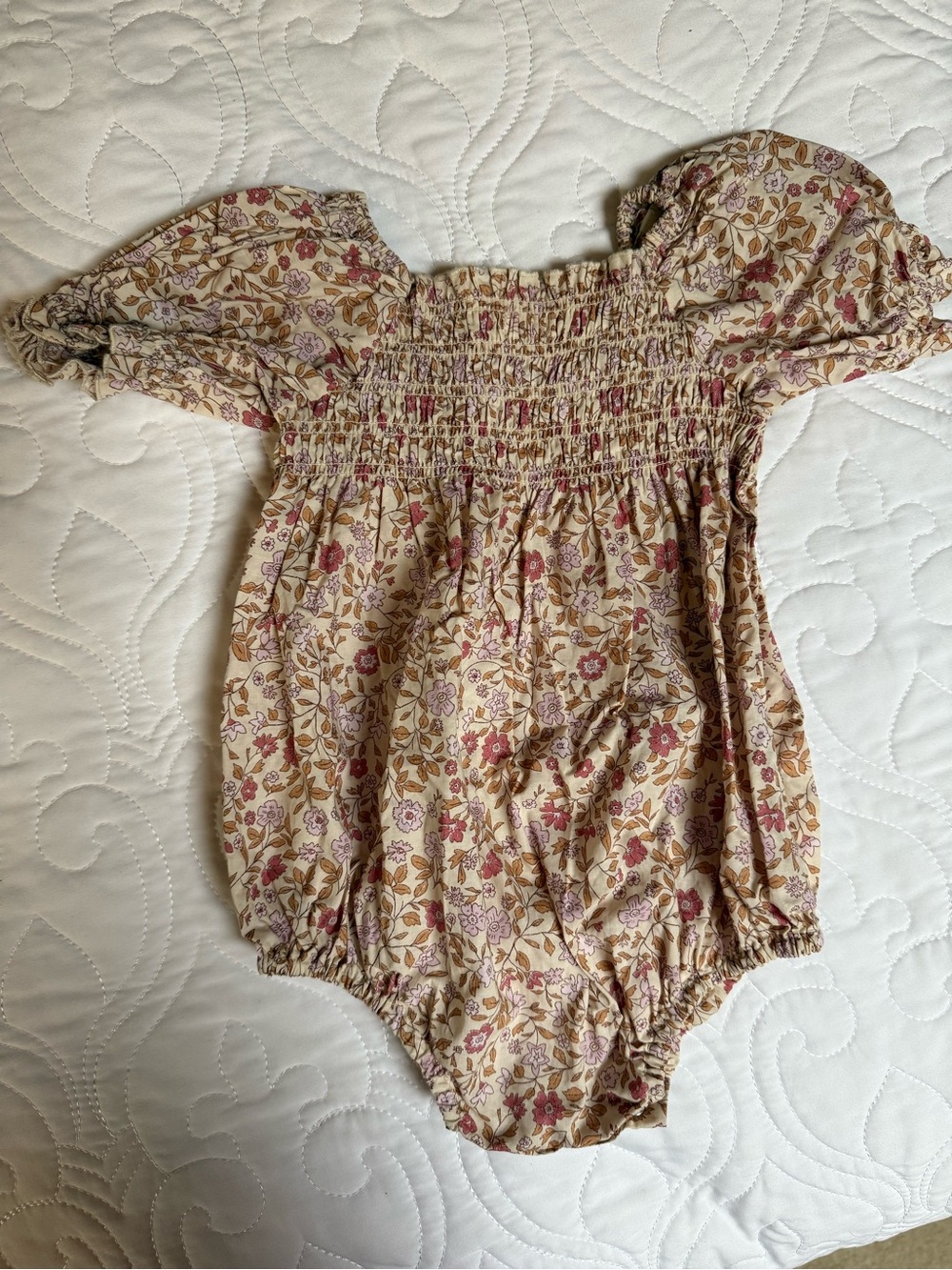 12M Floral Smocked Baby Romper in Beige with Pink Accents